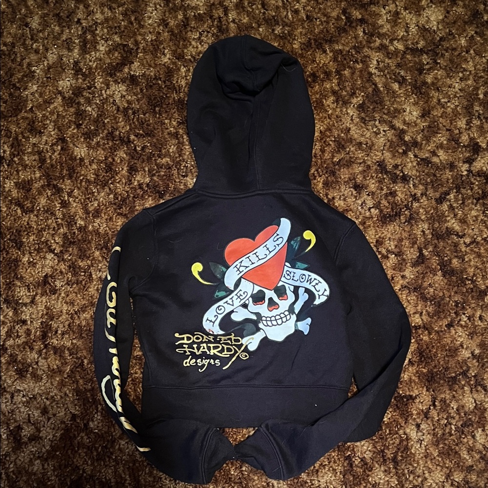 Ed Hardy Black Hoodie with Skull and Heart Design